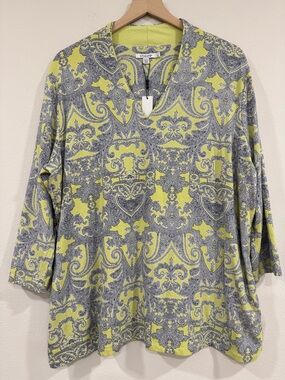 Chico’s Touch of Cool Lime Paisley V-Neck Tunic Top 3/4 Sleeves Stretch NEW XXL